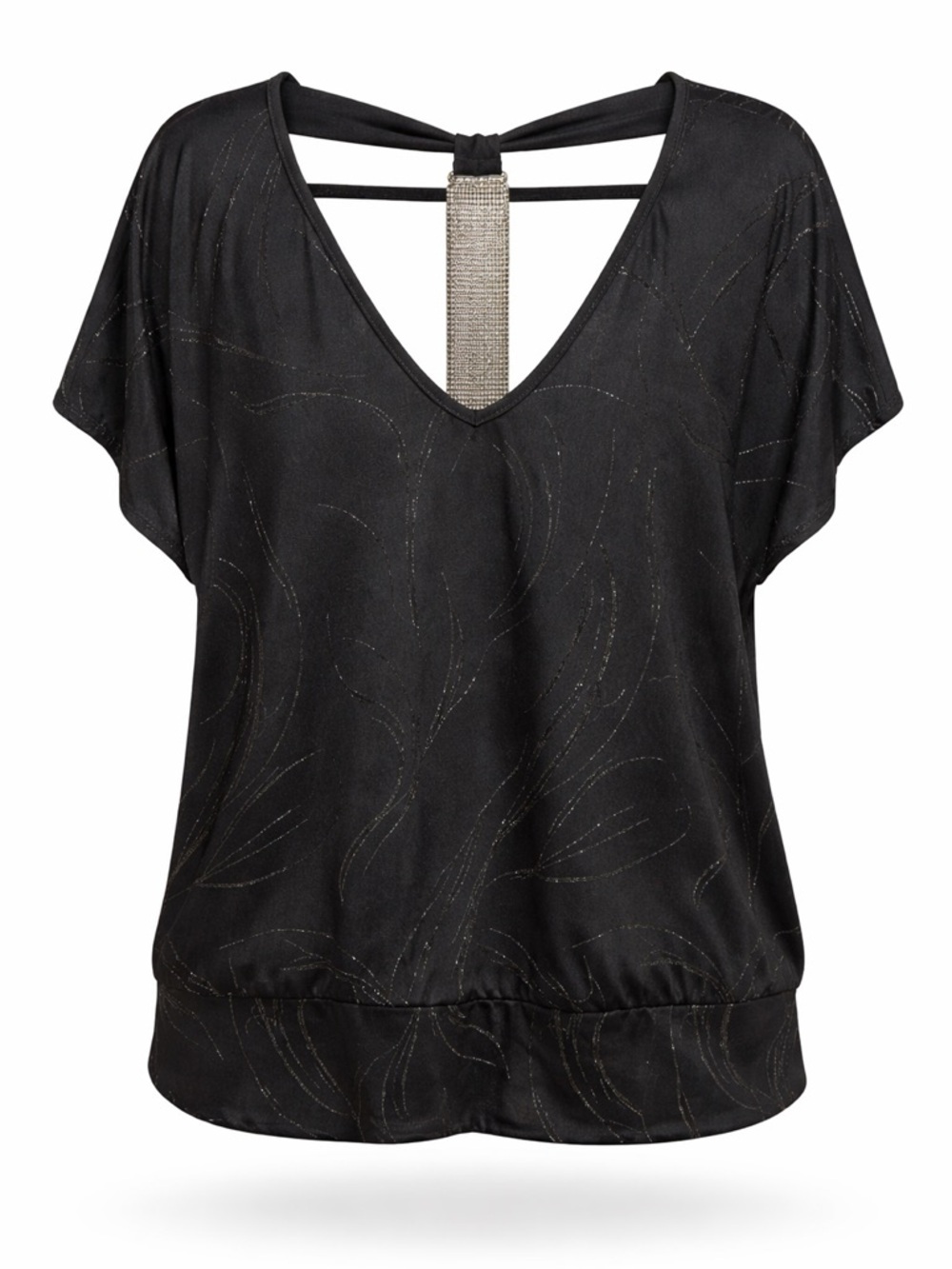 Reitmans Plus Black V-Neck Blouse 2X Rhinestone Back Detail Stretch Top